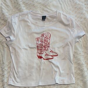 SHEIN White Crop Top with Red Boot Design